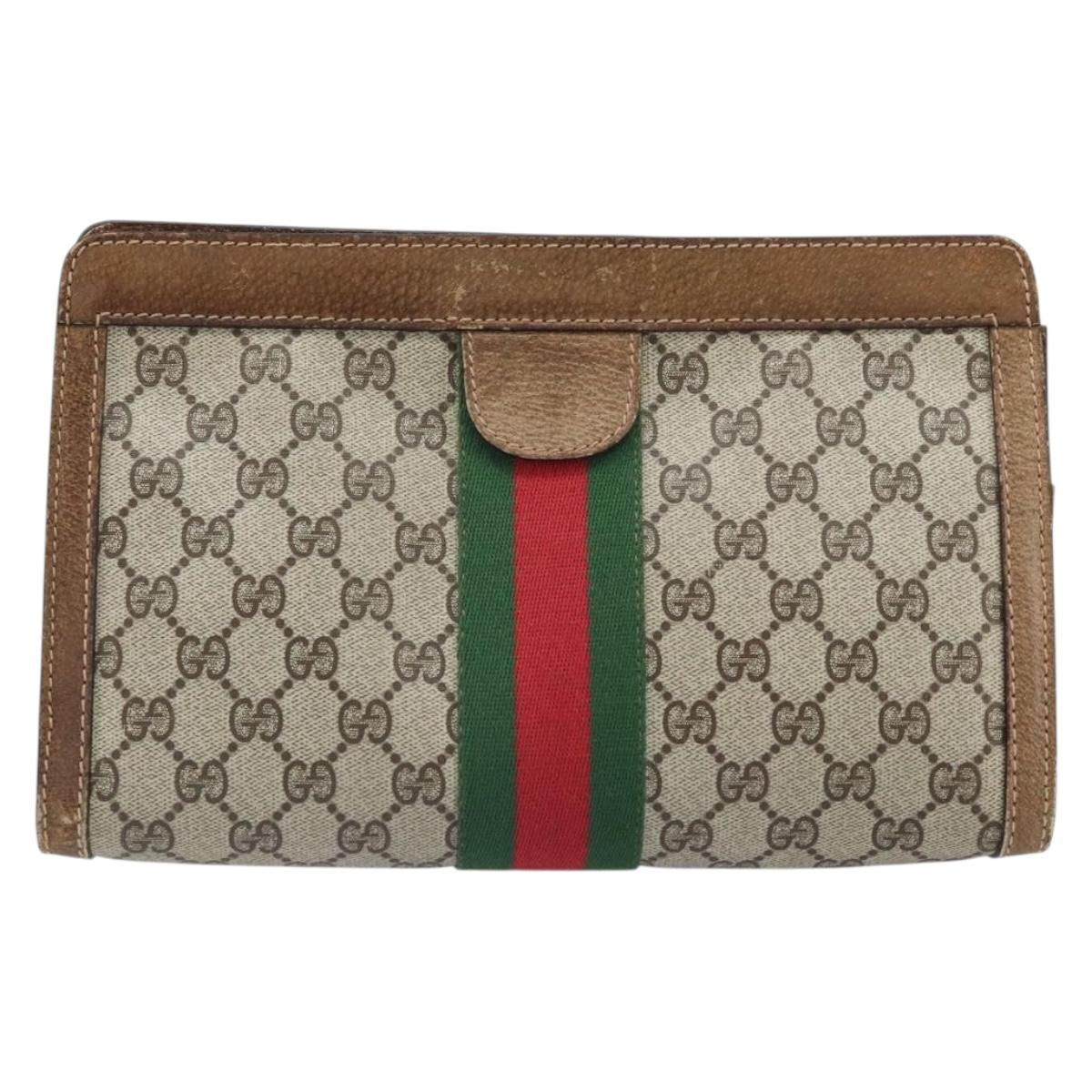 GUCCI GG Supreme Web Sherry Line Clutch Bag PVC Beige Red Auth ti3685
