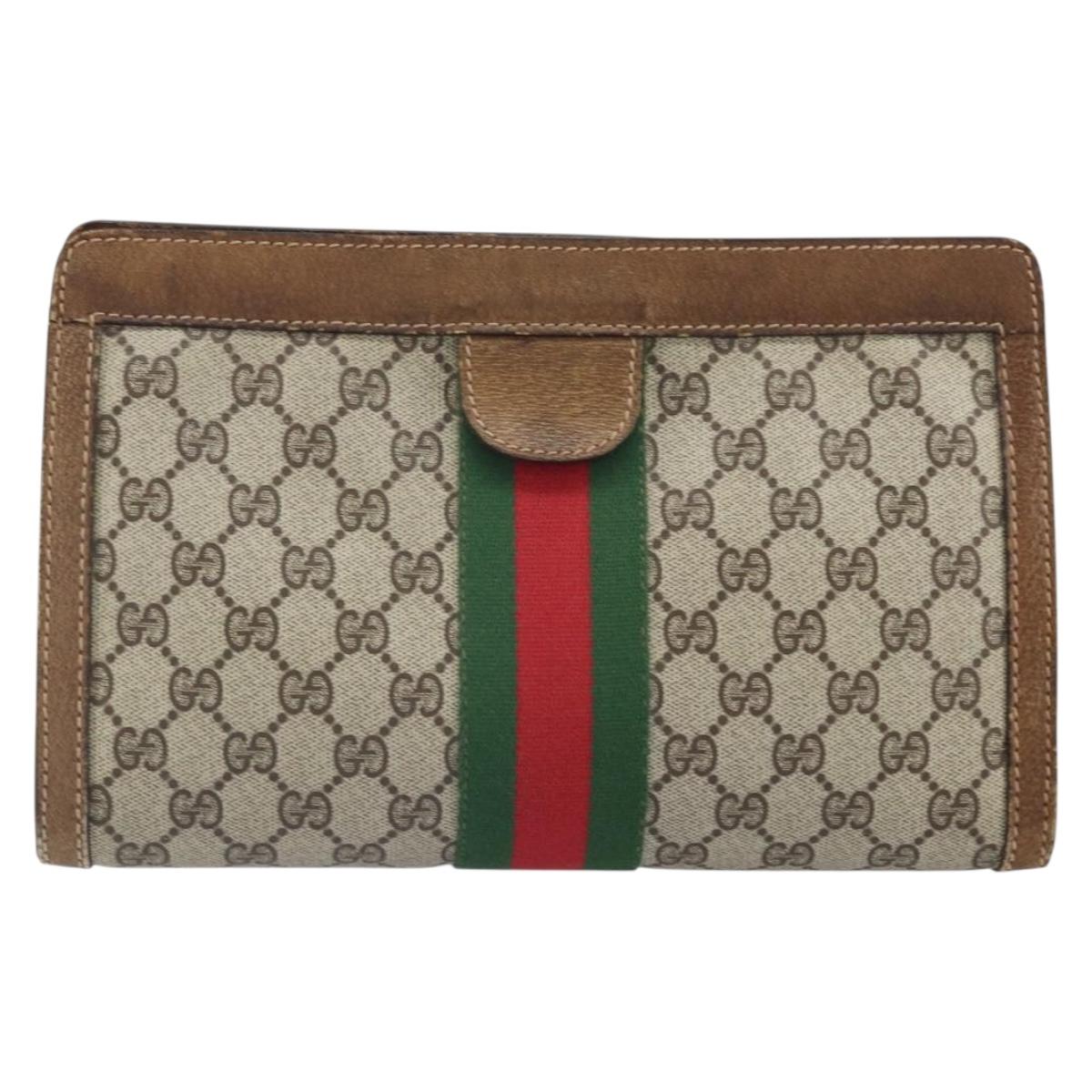 GUCCI GG Supreme Web Sherry Line Clutch Bag PVC Beige Red Auth ti3685