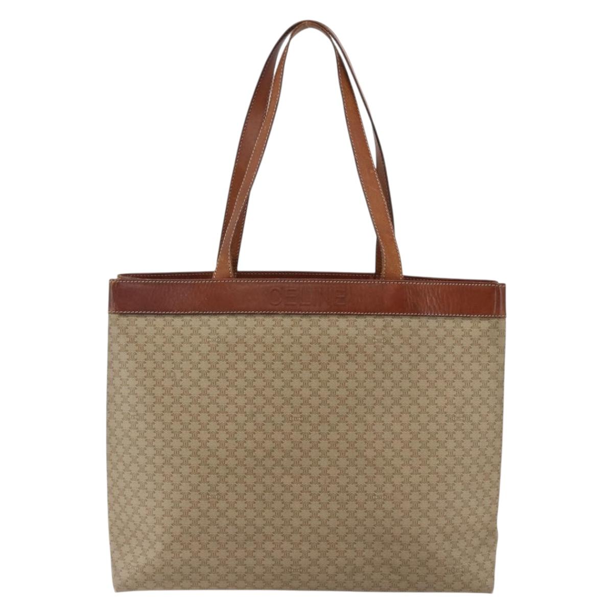 CELINE Macadam Canvas Tote Bag PVC Beige Gold Auth ti3692