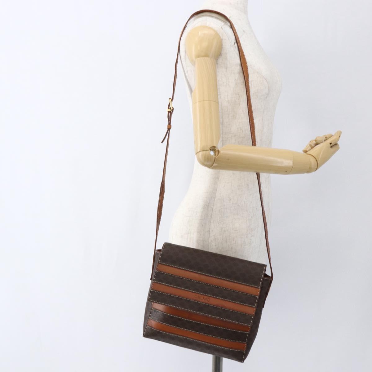 CELINE Macadam Canvas Shoulder Bag PVC Leather Brown Gold Auth ti3693