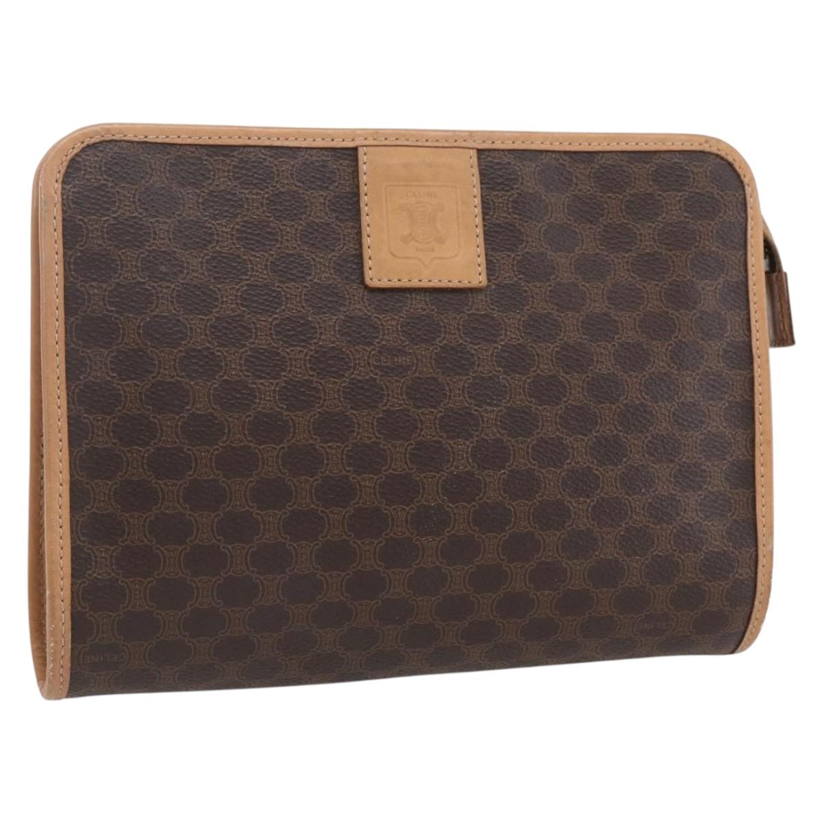 CELINE Macadam Canvas Clutch Bag PVC Leather Brown Gold Auth ti3695