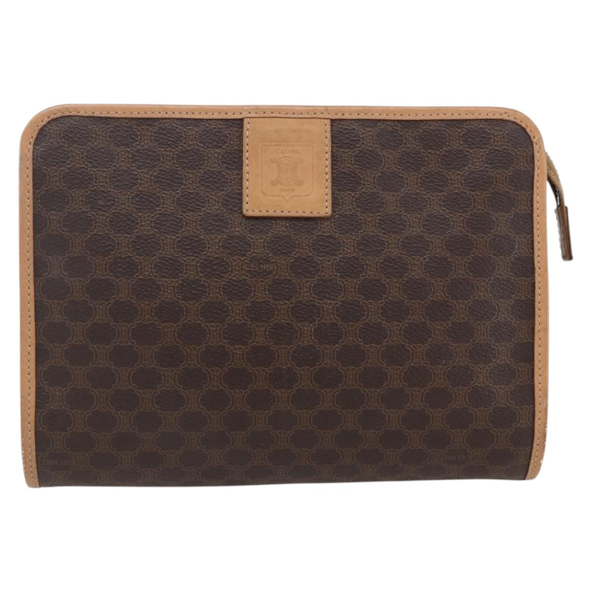 CELINE Macadam Canvas Clutch Bag PVC Leather Brown Gold Auth ti3695