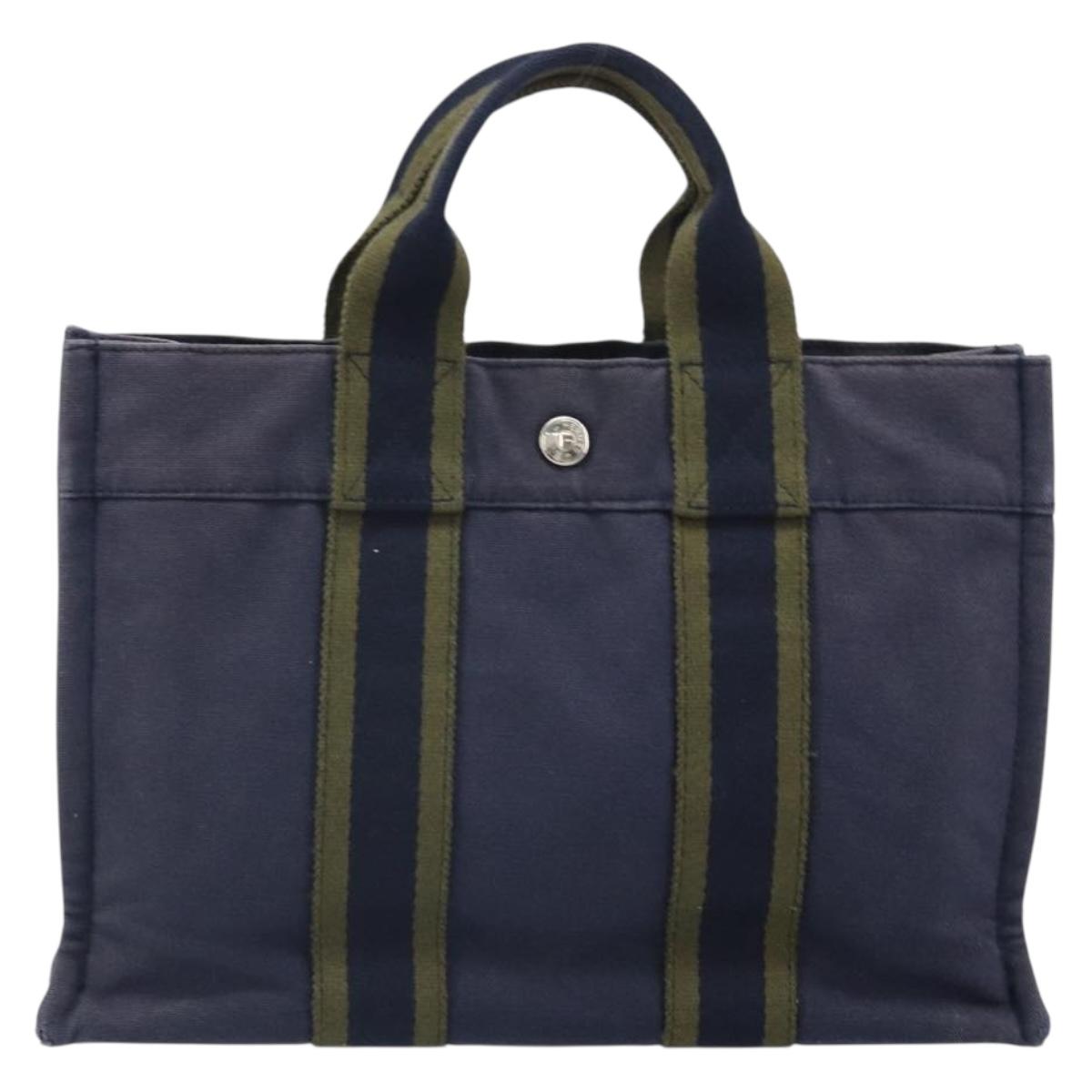 HERMES Fourre Tout PM Tote Bag Canvas Navy Silver Auth ti3708