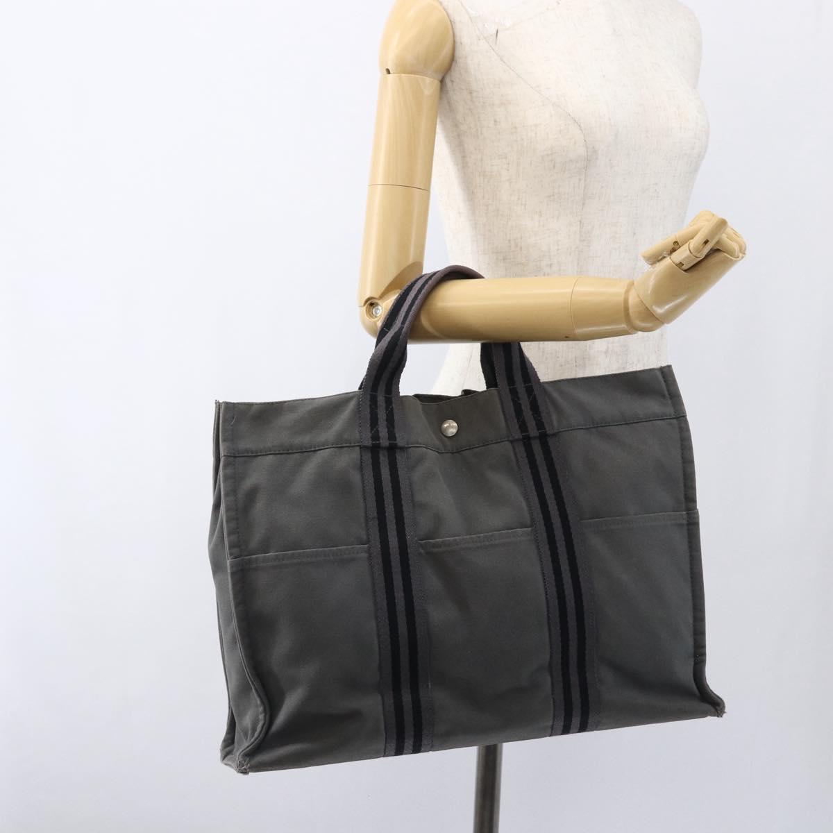 HERMES Fourre Tout MM Hand Bag Canvas Gray Silver Auth ti3711