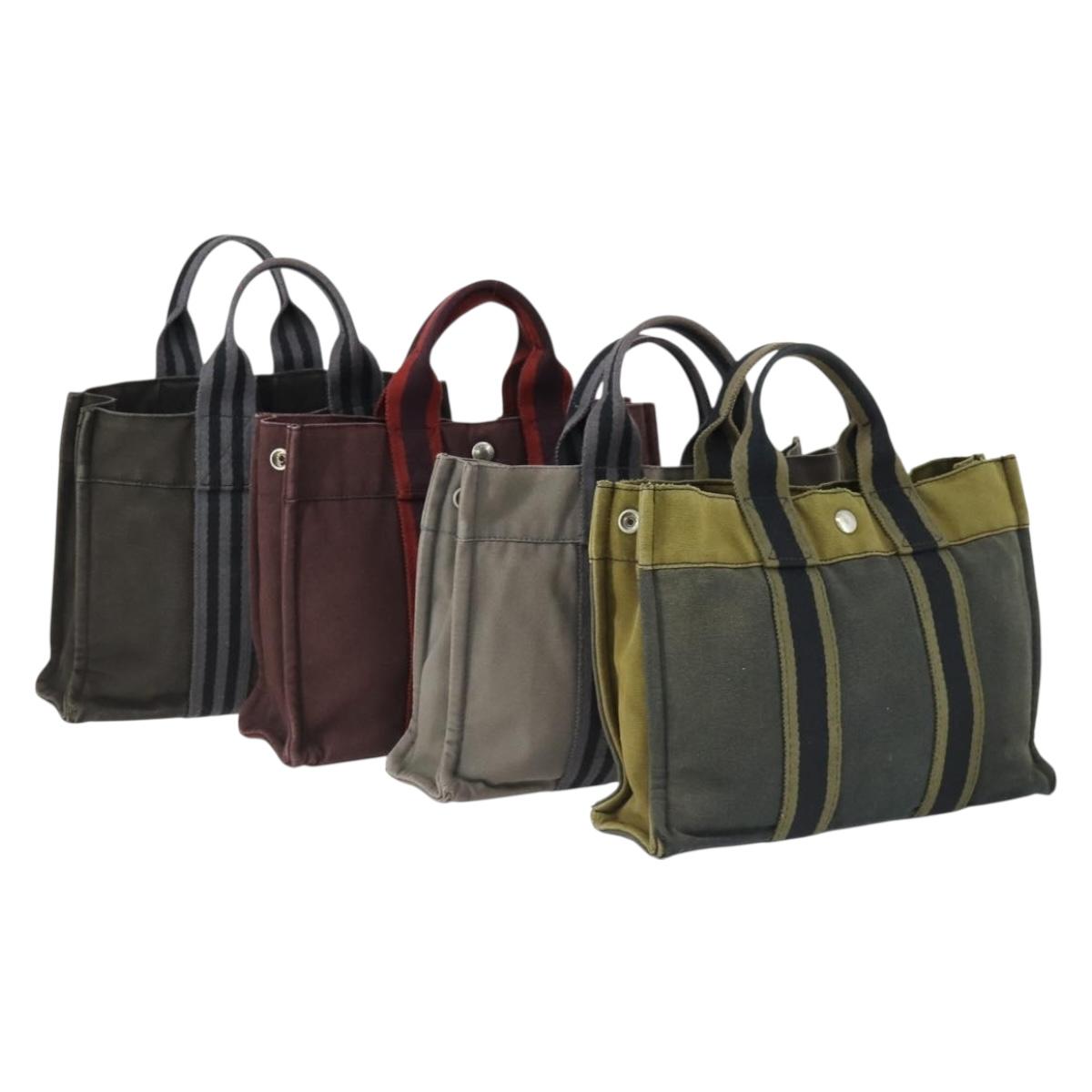HERMES Fourre Tout Hand Bag Canvas 4 Set Gray Black Red Auth ti3714