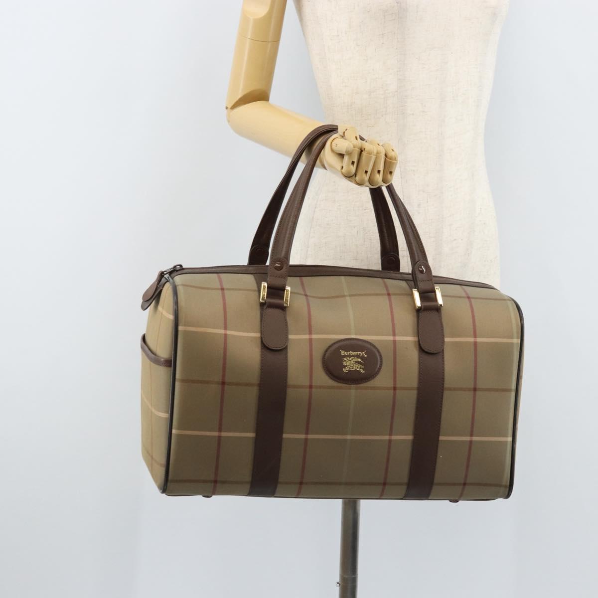 Burberrys Nova Check Boston Bag Canvas Leather Beige Gold Auth ti3722