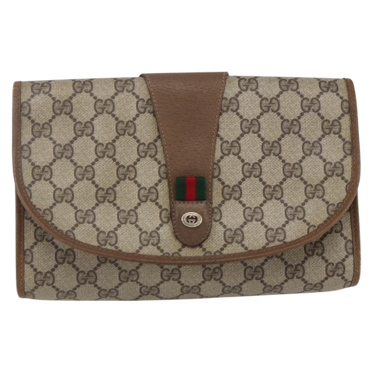 GUCCI GG Supreme Web Sherry Line Clutch Bag PVC Beige Gold 89 01 030 Auth ti3723