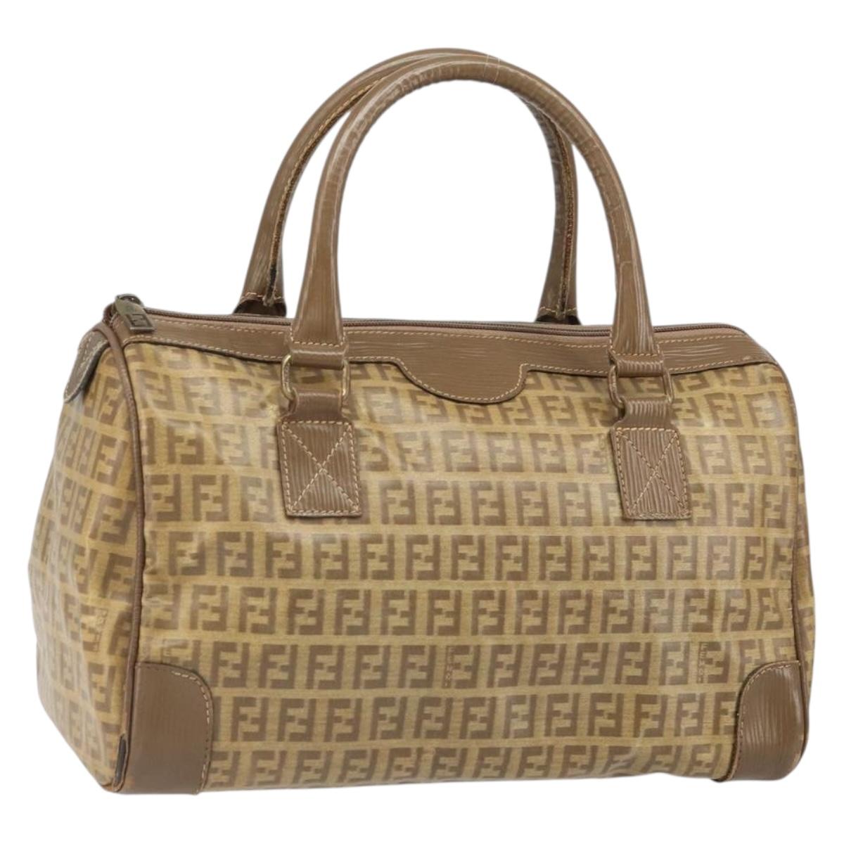 FENDI Zucchino Canvas Hand Bag PVC Beige Silver Auth ti3726