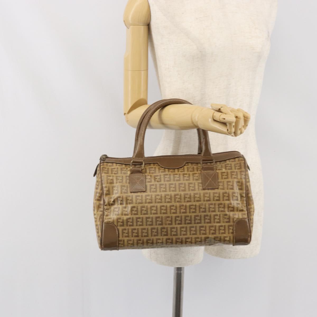 FENDI Zucchino Canvas Hand Bag PVC Beige Silver Auth ti3726