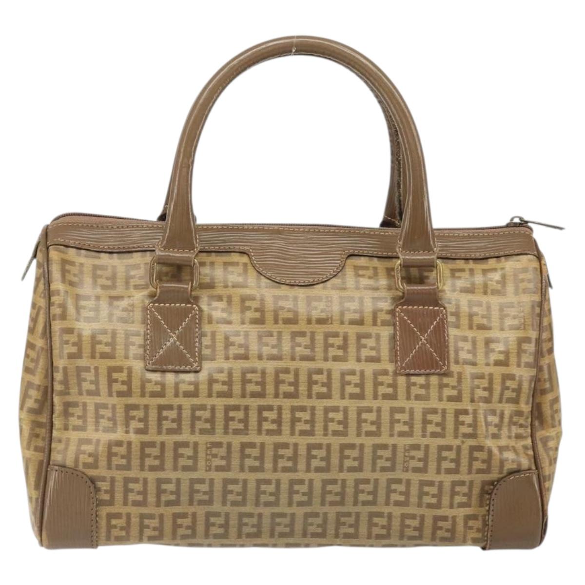 FENDI Zucchino Canvas Hand Bag PVC Beige Silver Auth ti3726
