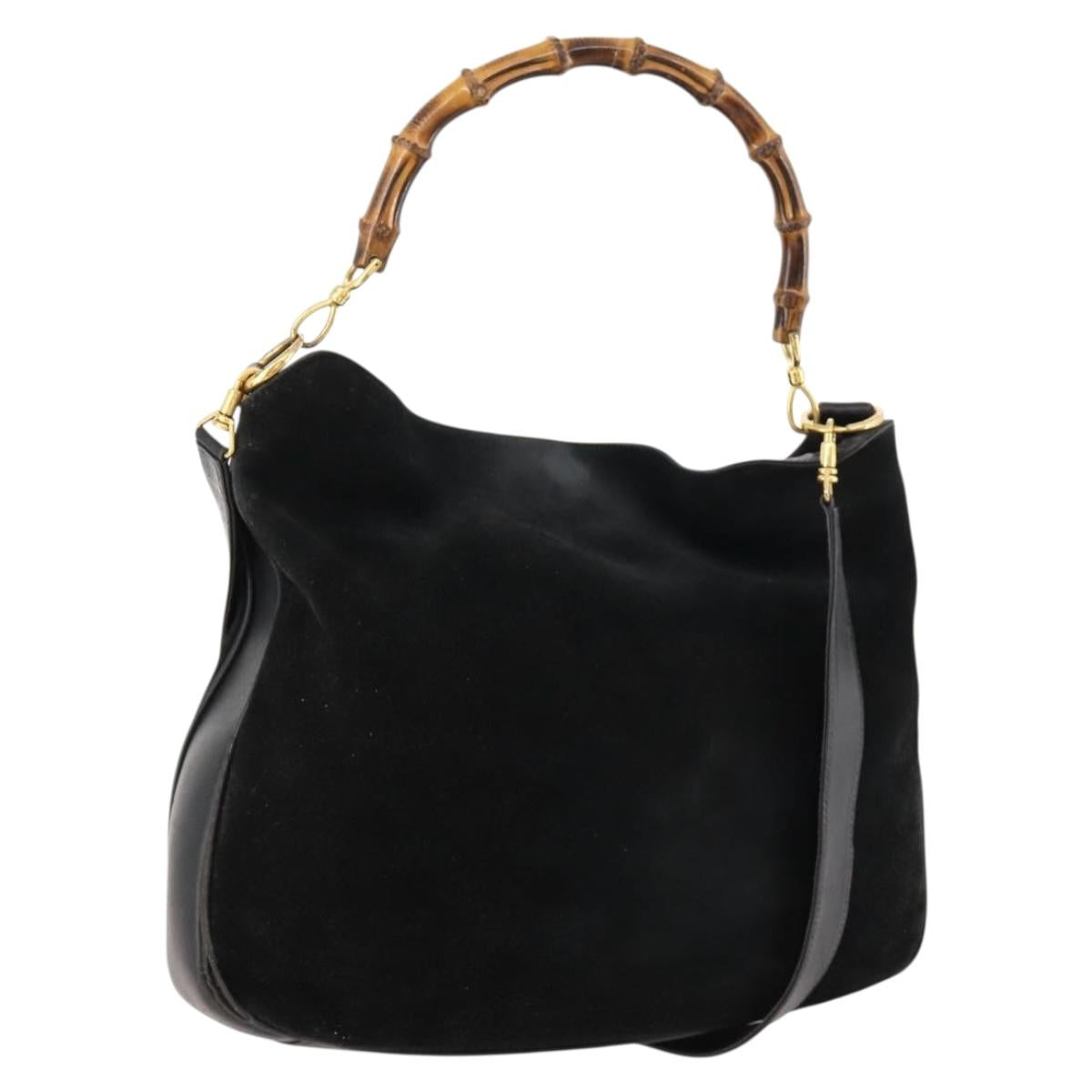 GUCCI Bamboo Shoulder Bag Suede Black Gold 01 1014 1577 Auth ti3727