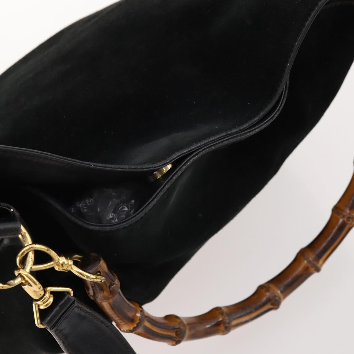 GUCCI Bamboo Shoulder Bag Suede Black Gold 01 1014 1577 Auth ti3727