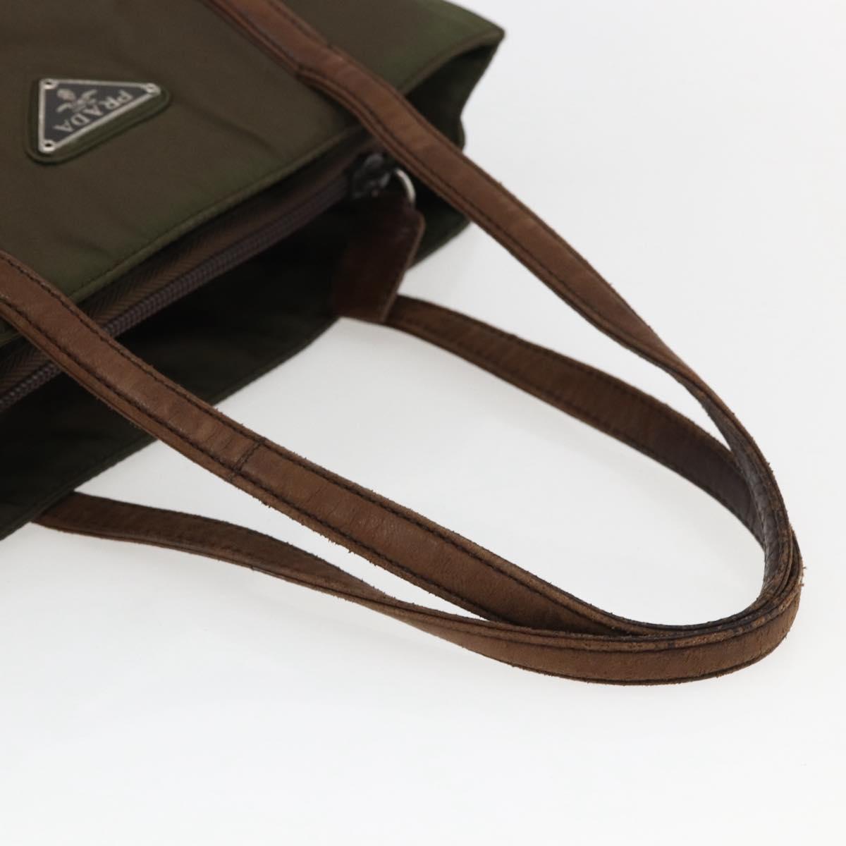 PRADA Hand Bag Nylon Leather Khaki Silver Auth ti3735
