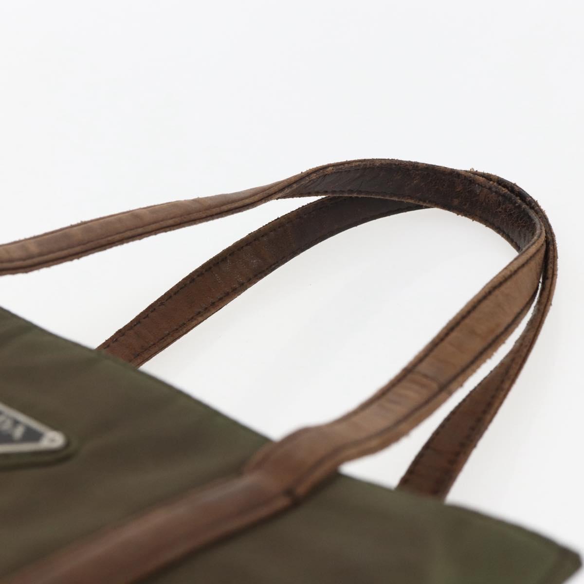 PRADA Hand Bag Nylon Leather Khaki Silver Auth ti3735