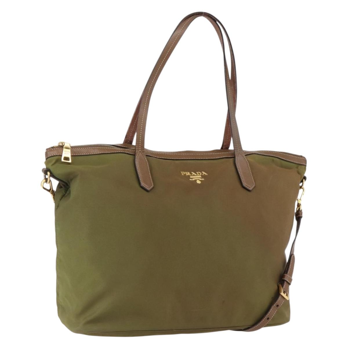 PRADA Tote Bag Nylon Leather Khaki Gold Auth ti3738