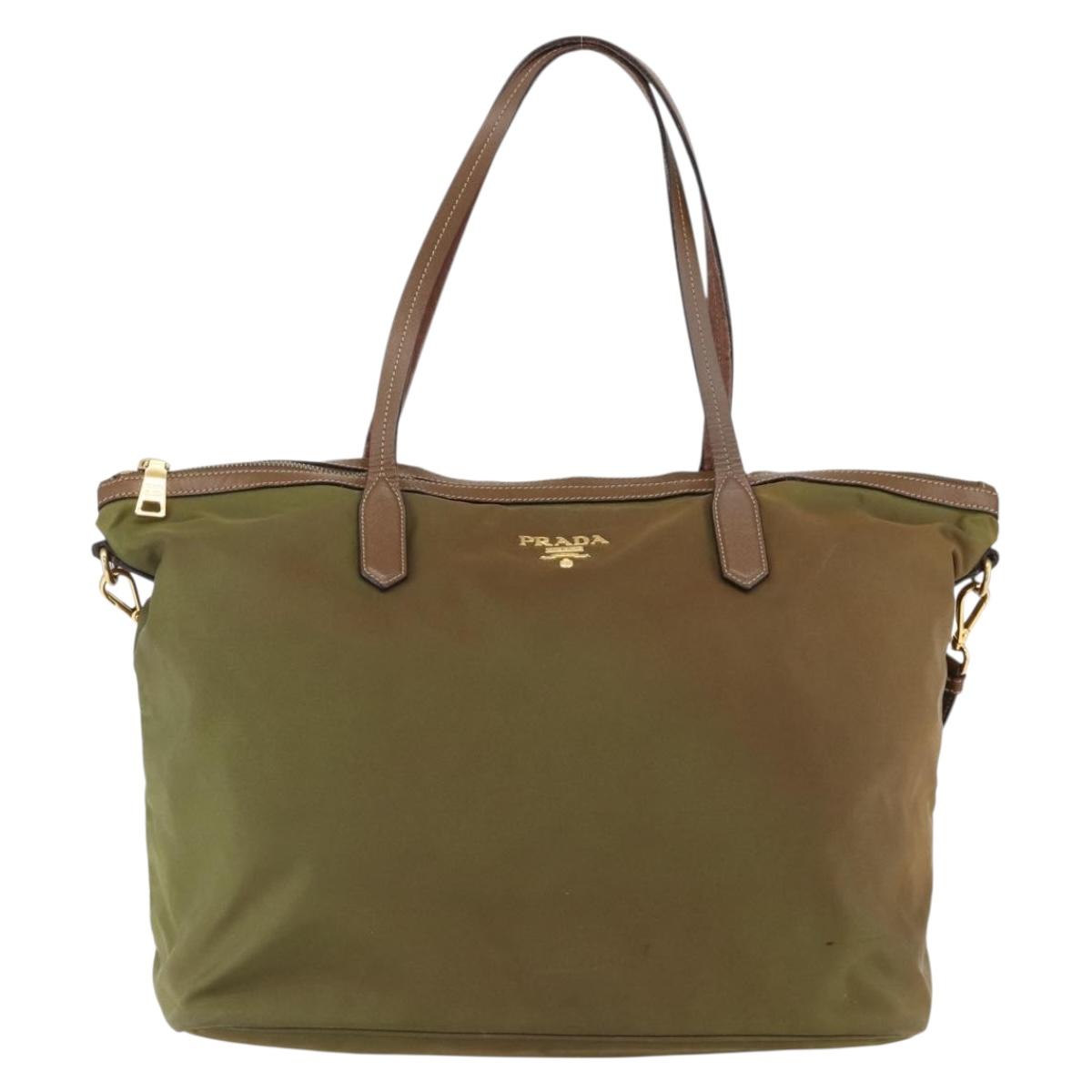 PRADA Tote Bag Nylon Leather Khaki Gold Auth ti3738