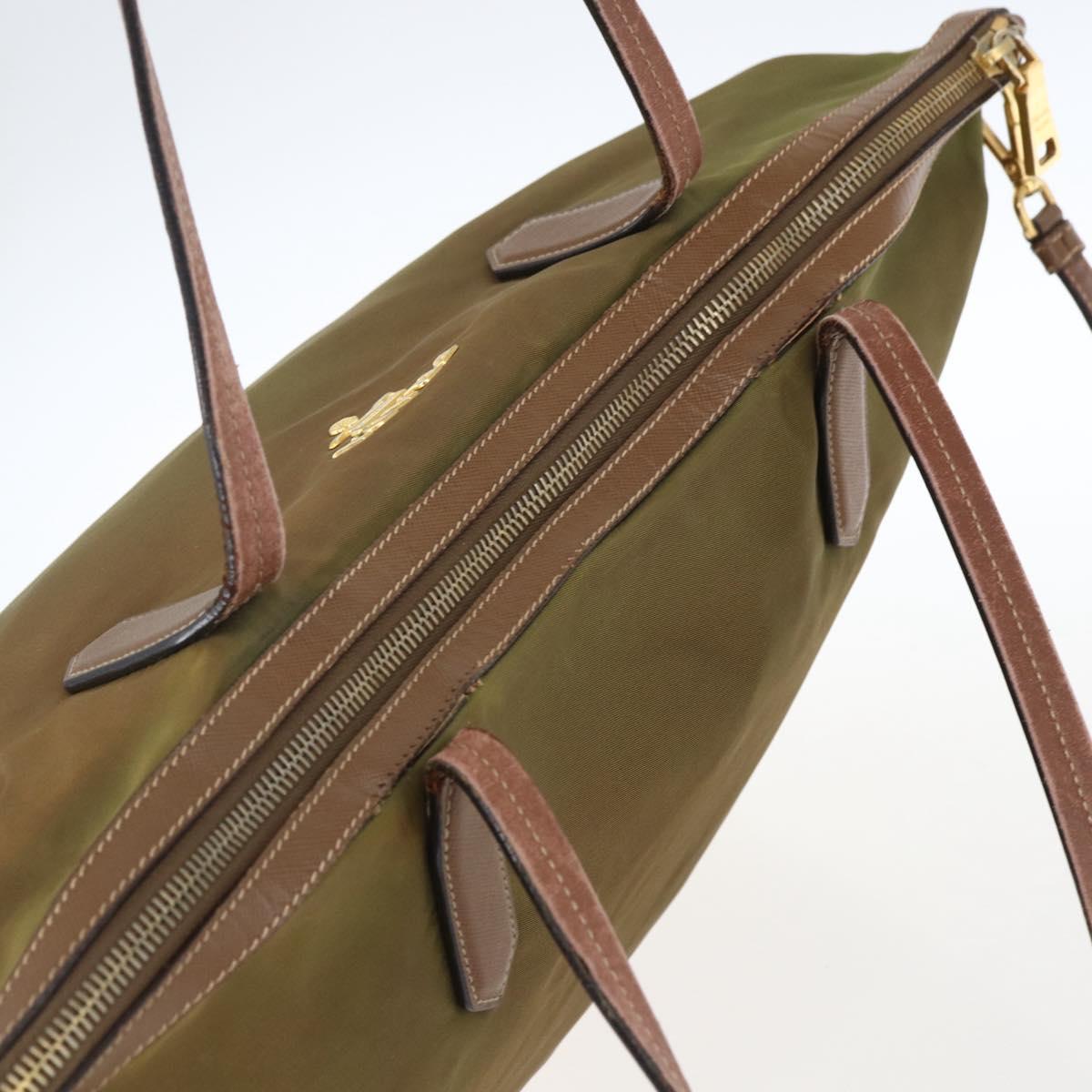 PRADA Tote Bag Nylon Leather Khaki Gold Auth ti3738
