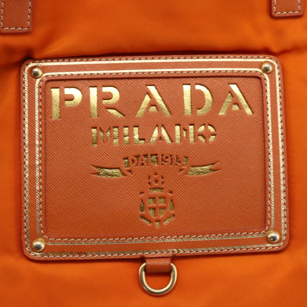 PRADA Tote Bag Nylon Leather Orange Gold Auth ti3743