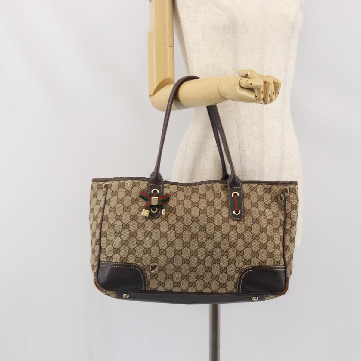 GUCCI GG Canvas Web Sherry Line Tote Bag Beige Gold 163805 Auth ti3747