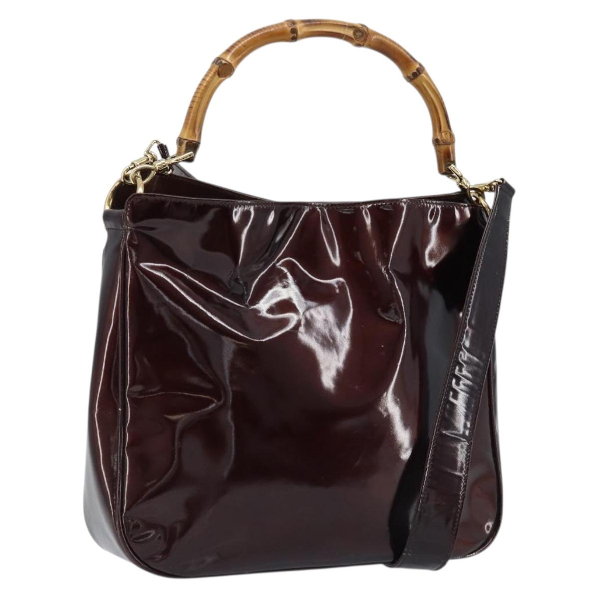 GUCCI Bamboo Hand Bag Patent leather 2way Brown Gold 001 1705 1638 Auth ti3749