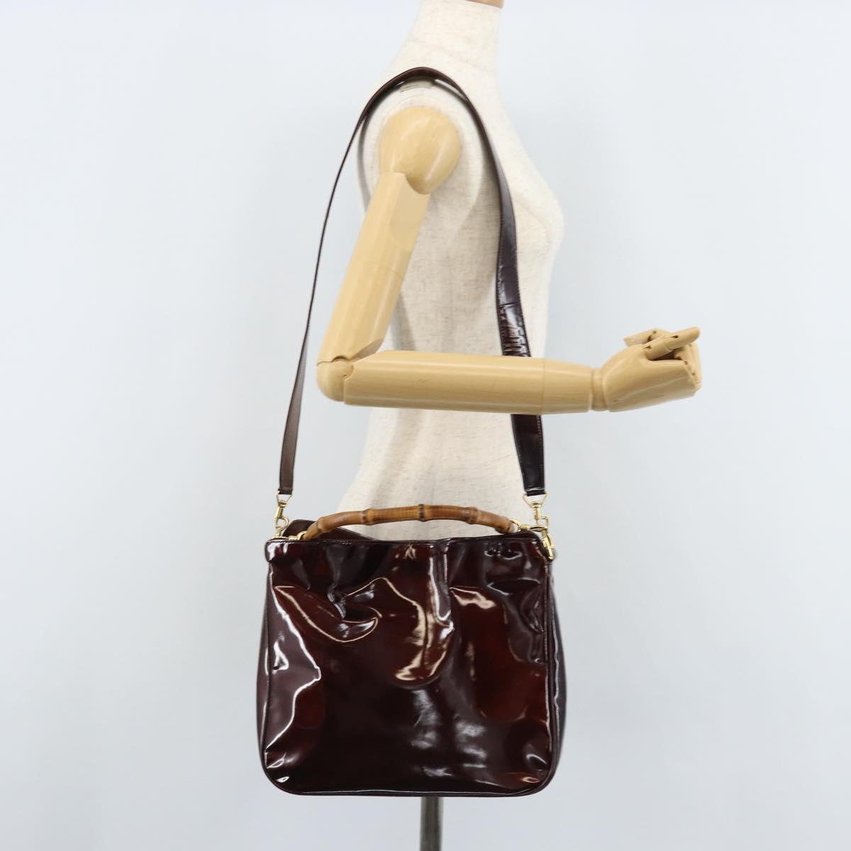 GUCCI Bamboo Hand Bag Patent leather 2way Brown Gold 001 1705 1638 Auth ti3749