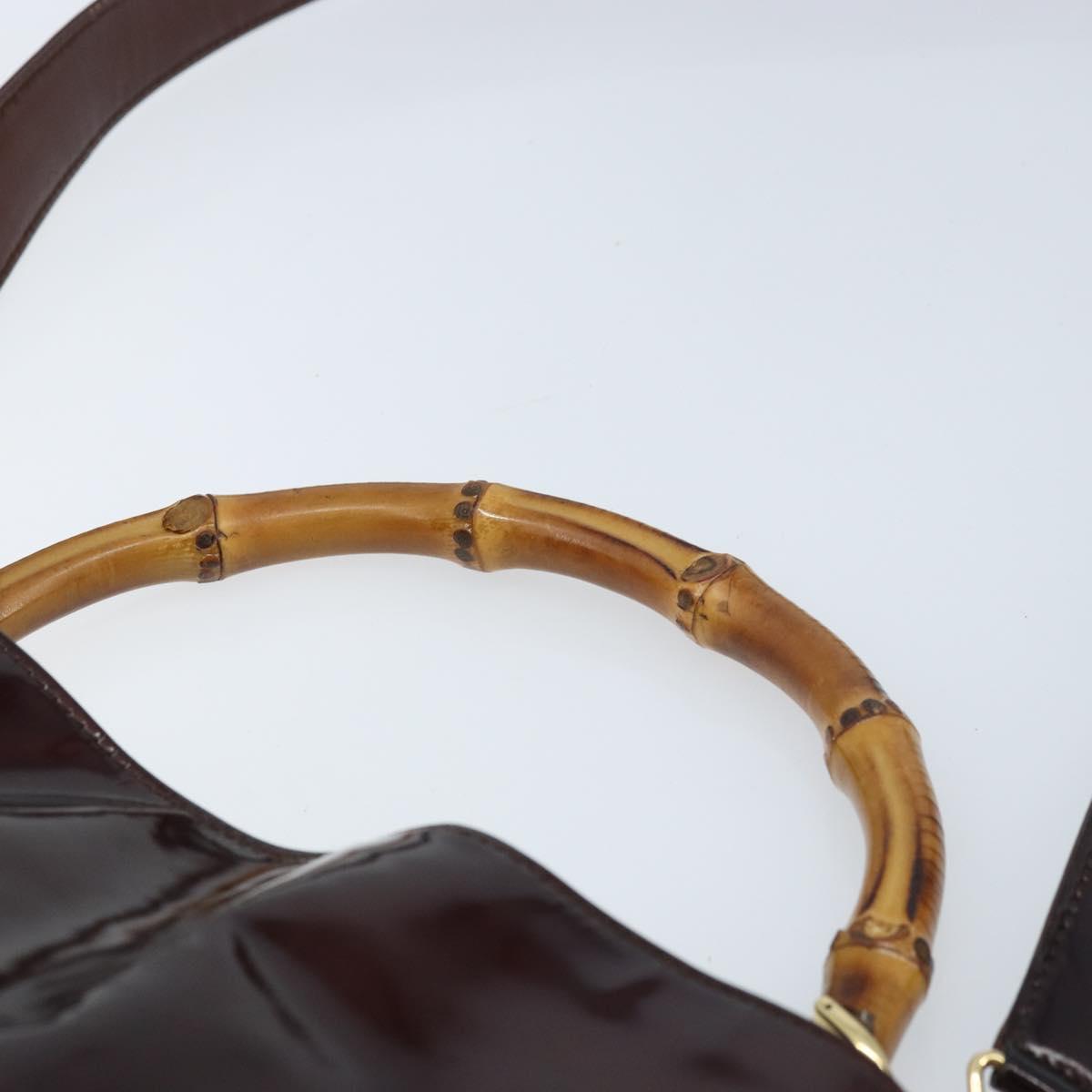 GUCCI Bamboo Hand Bag Patent leather 2way Brown Gold 001 1705 1638 Auth ti3749