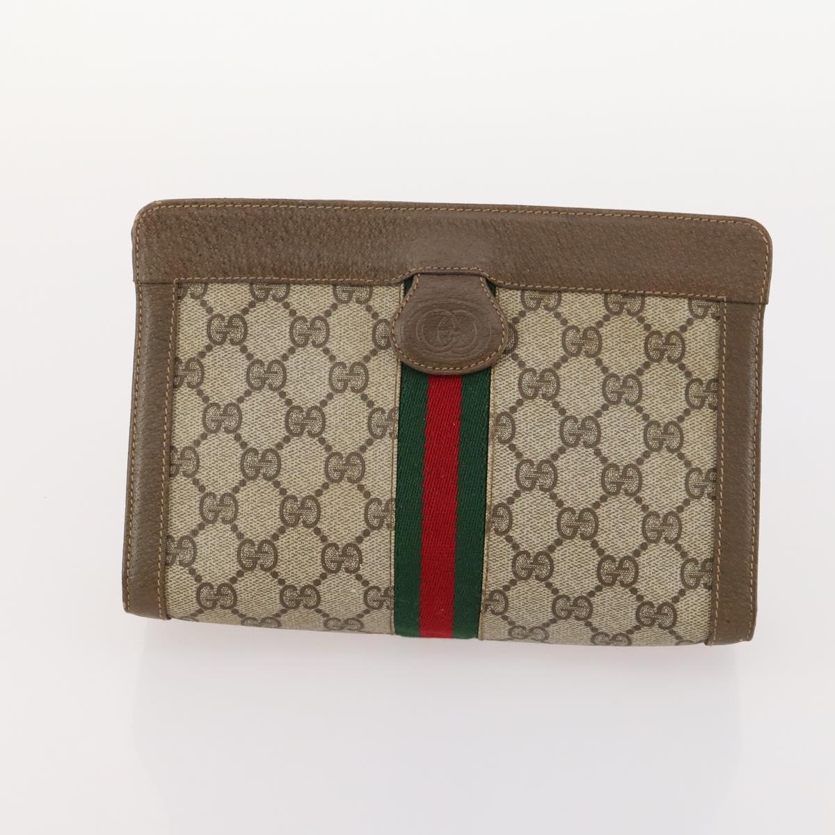GUCCI GG Supreme Web Sherry Line Pouch Clutch Bag PVC 2 Set Beige Auth ti3752