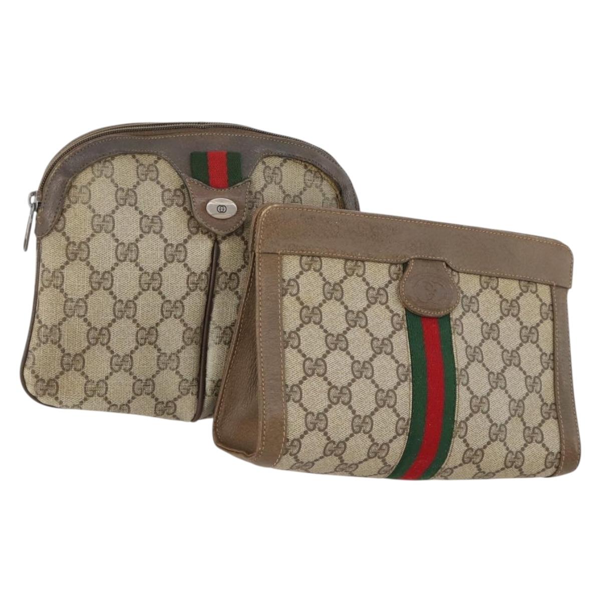 GUCCI GG Supreme Web Sherry Line Pouch Clutch Bag PVC 2 Set Beige Auth ti3752