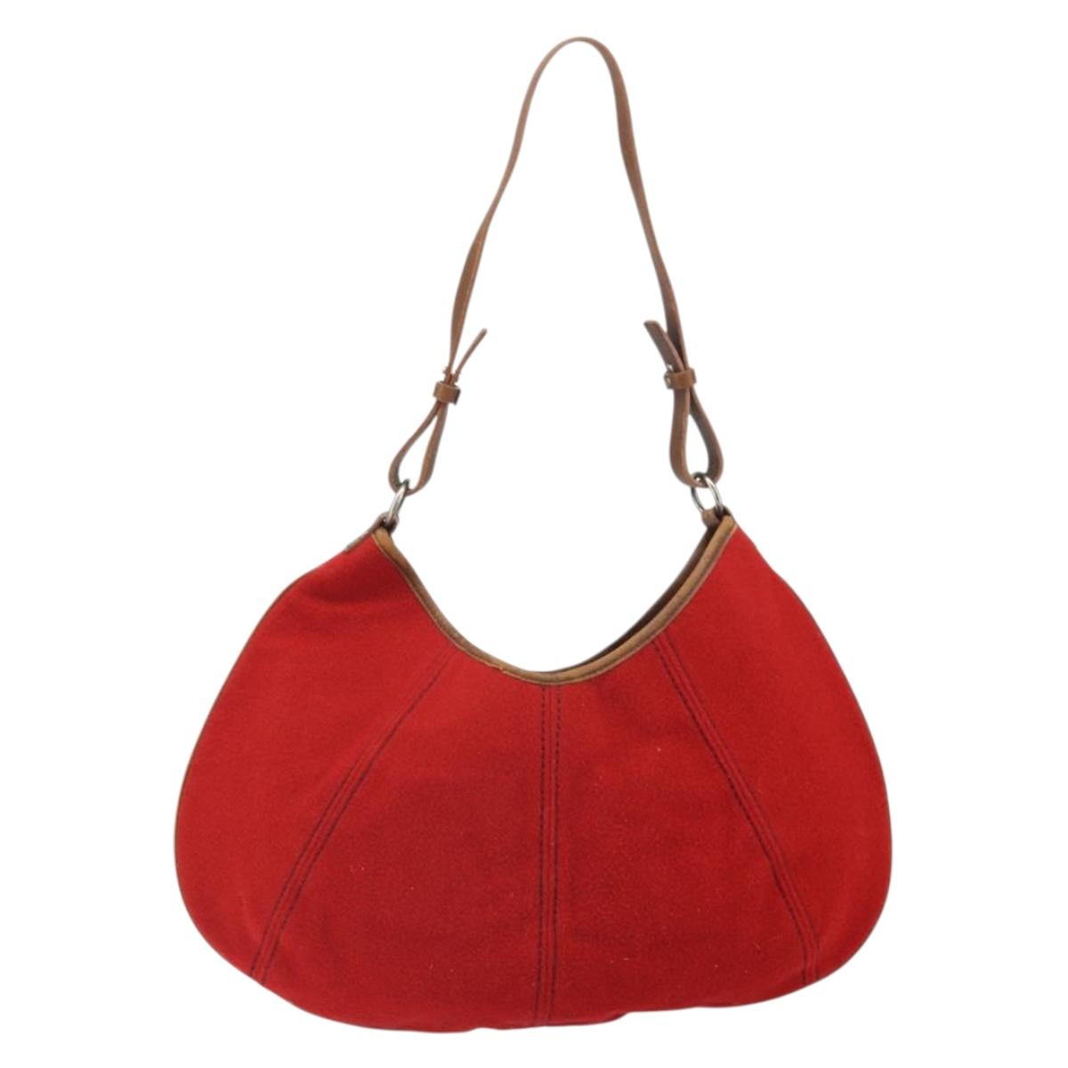 BURBERRY Blue Label Shoulder Bag Felt Leather Red Silver Auth ti3756