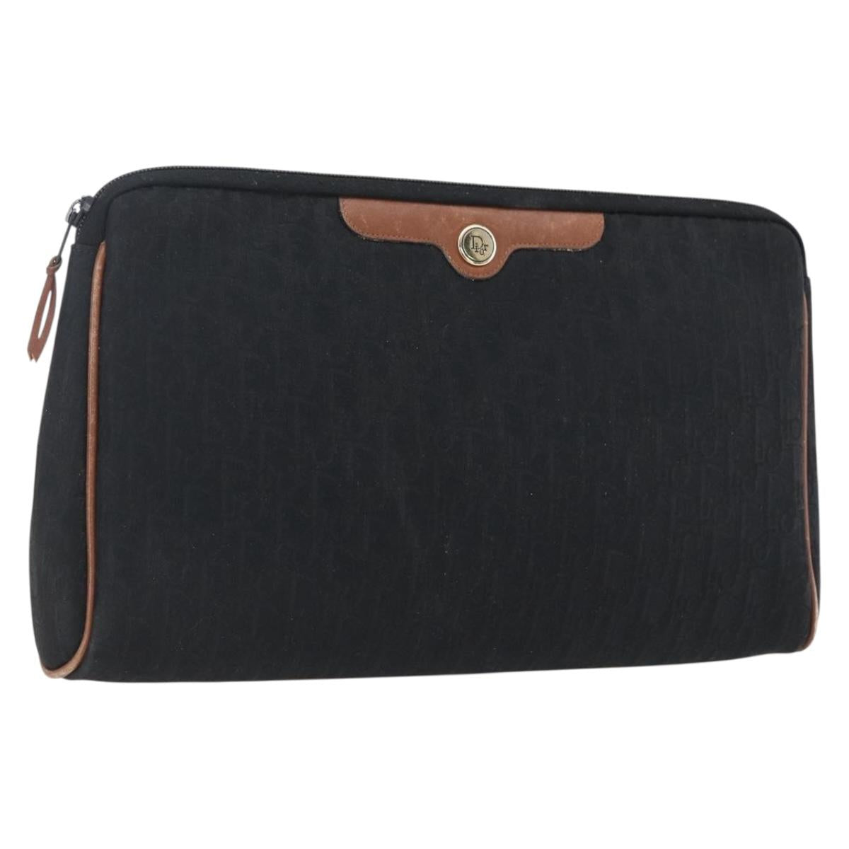 Christian Dior Trotter Canvas Pouch Black Gold Auth ti3761