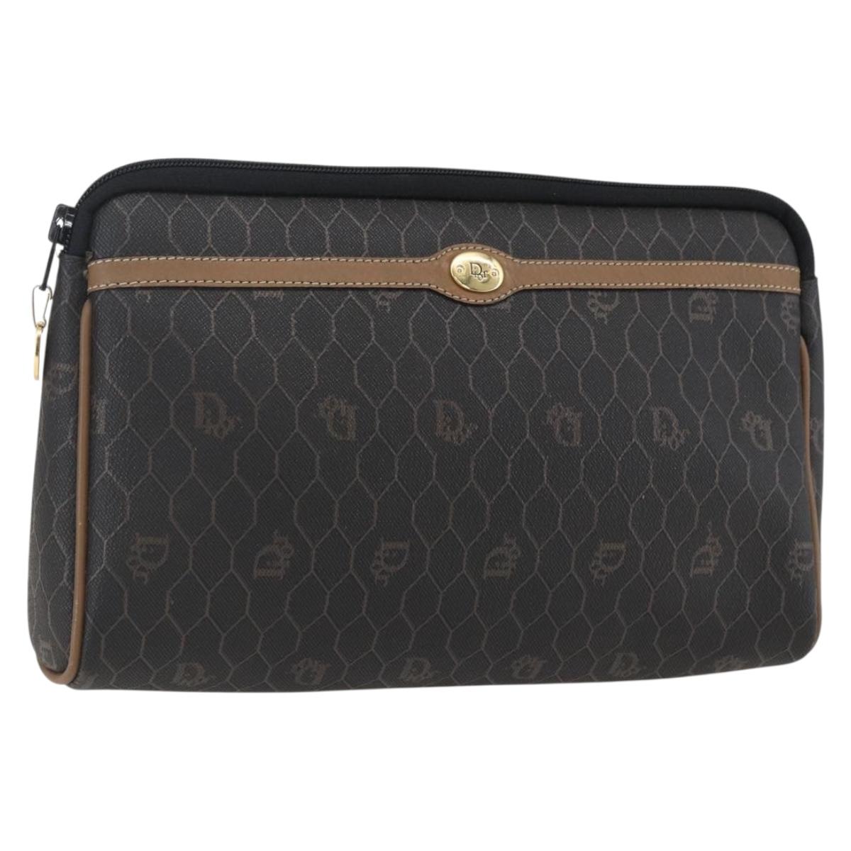 Christian Dior Honeycomb Canvas Pouch PVC Leather Black Auth ti3762