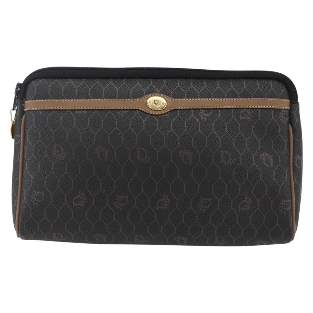 Christian Dior Honeycomb Canvas Pouch PVC Leather Black Auth ti3762