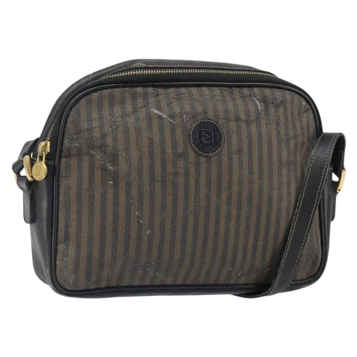 FENDI Pecan Canvas Shoulder Bag Coated Canvas Black Brown gold Auth ti3766