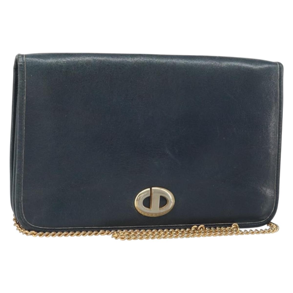 Christian Dior Chain Shoulder Bag Leather Navy Gold Auth ti3768