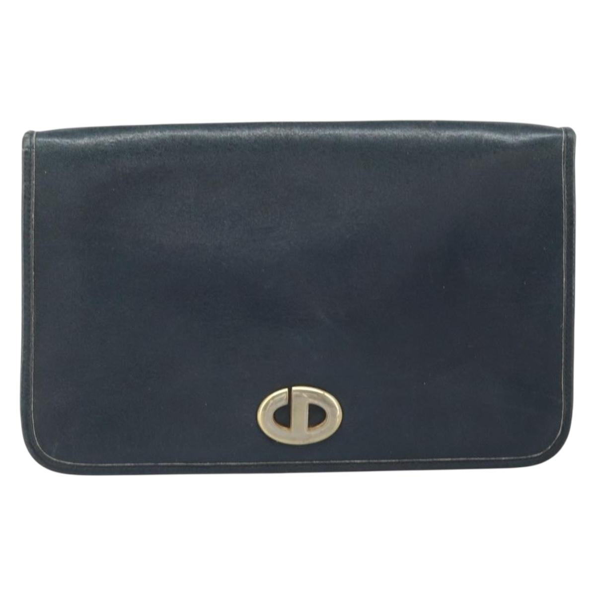 Christian Dior Chain Shoulder Bag Leather Navy Gold Auth ti3768
