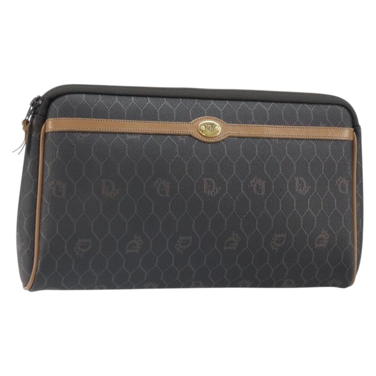 Christian Dior Honeycomb Canvas Pouch PVC Leather Black Auth ti3769