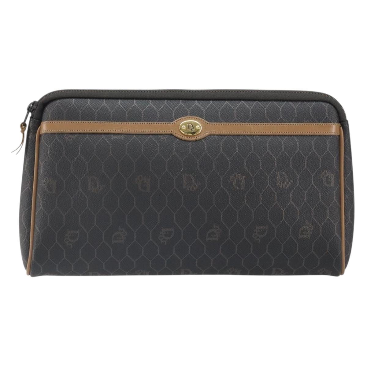 Christian Dior Honeycomb Canvas Pouch PVC Leather Black Auth ti3769