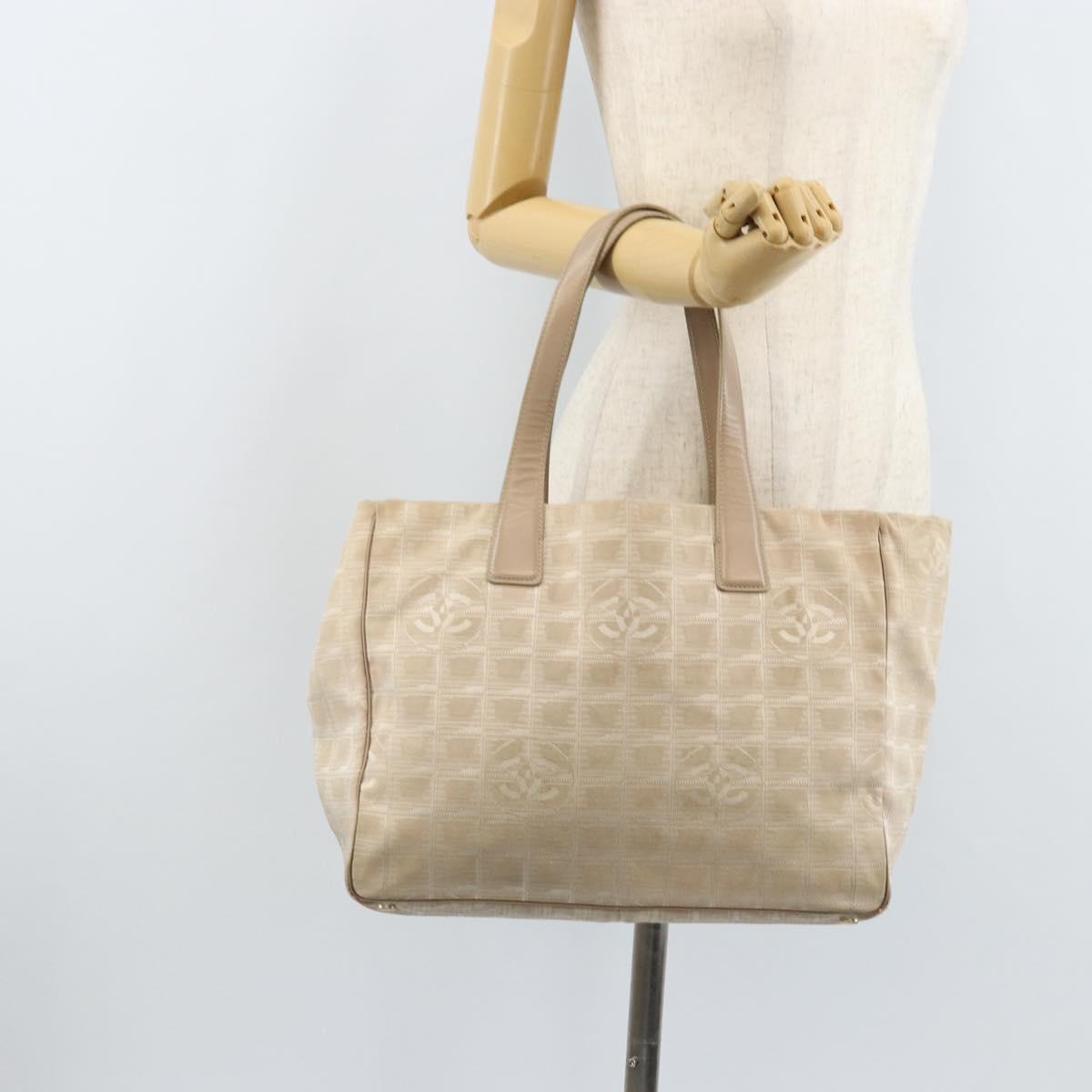 CHANEL New Travel Line Tote Bag Nylon Beige Gold CC Auth ti3788