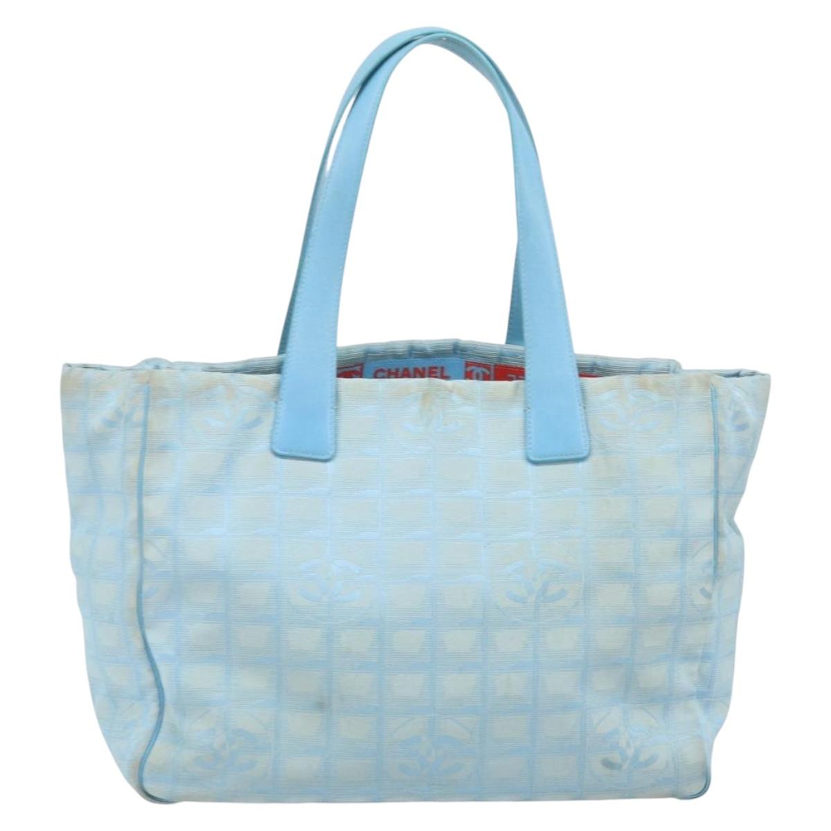 CHANEL New Travel Line Tote Bag Nylon Blue Silver CC Auth ti3796