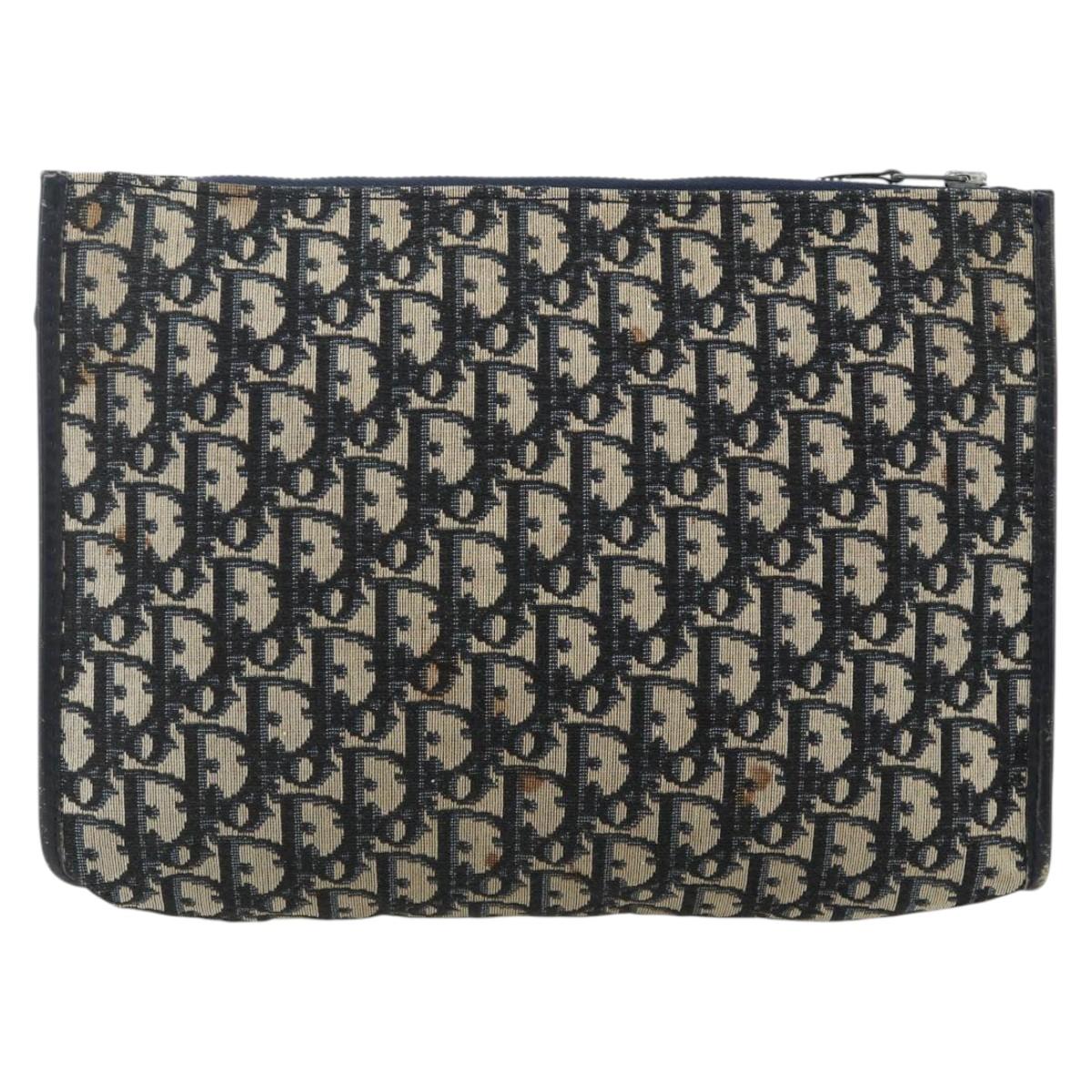 Christian Dior Trotter Canvas Clutch Bag Navy Silver Auth ti3819