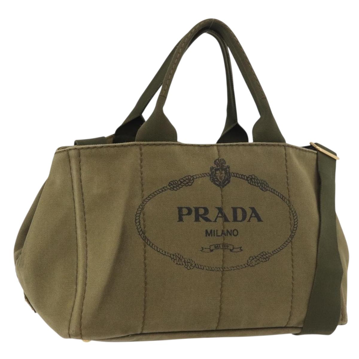 PRADA Canapa MM Hand Bag Canvas 2way Khaki Gold Auth ti3829