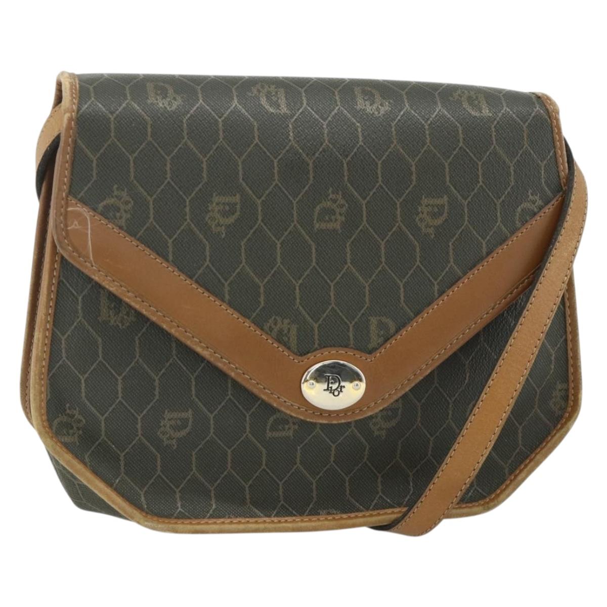 Christian Dior Honeycomb Canvas Shoulder Bag PVC Khaki Gold Auth ti3832