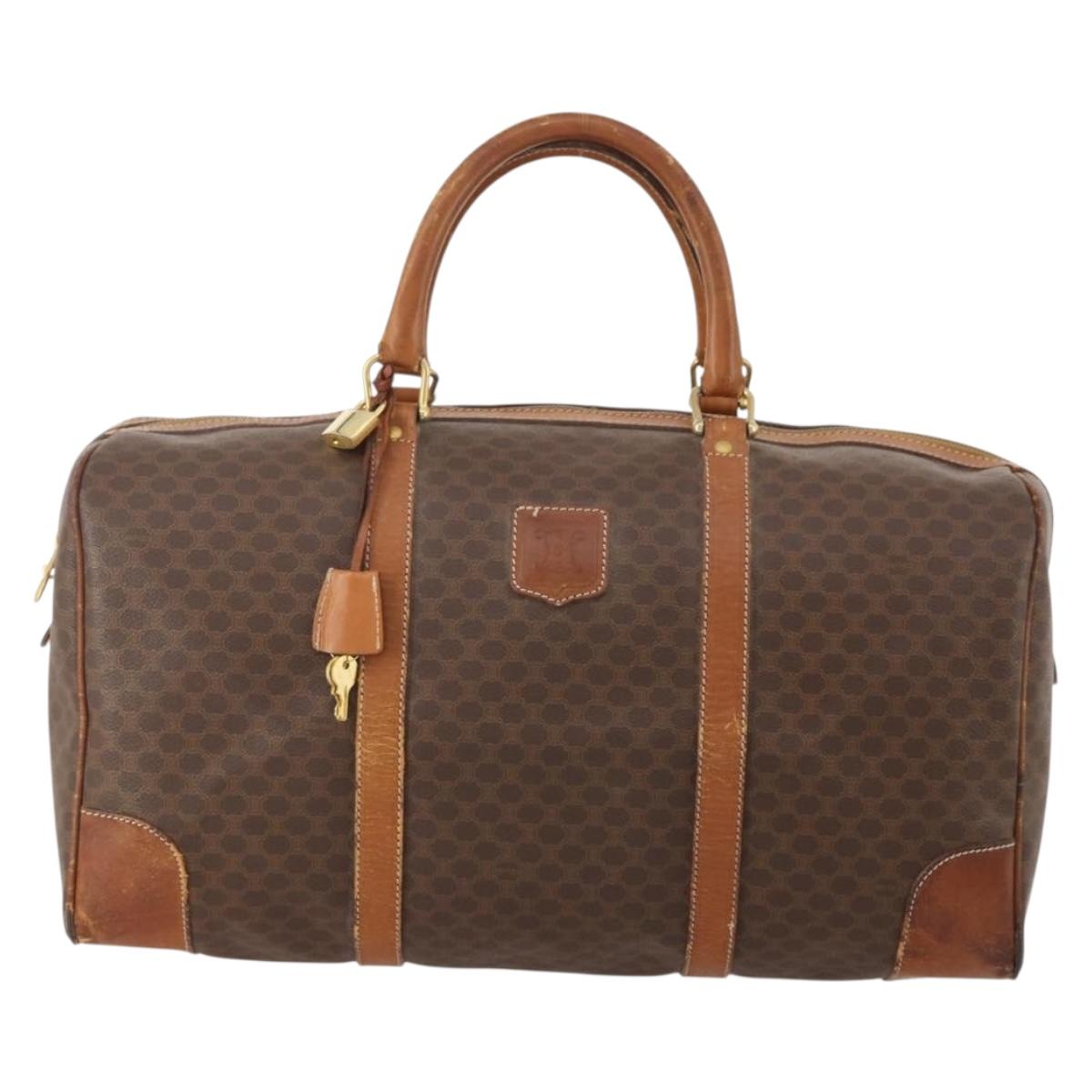 CELINE Macadam Canvas Boston Bag PVC Leather Brown Gold Auth ti3843