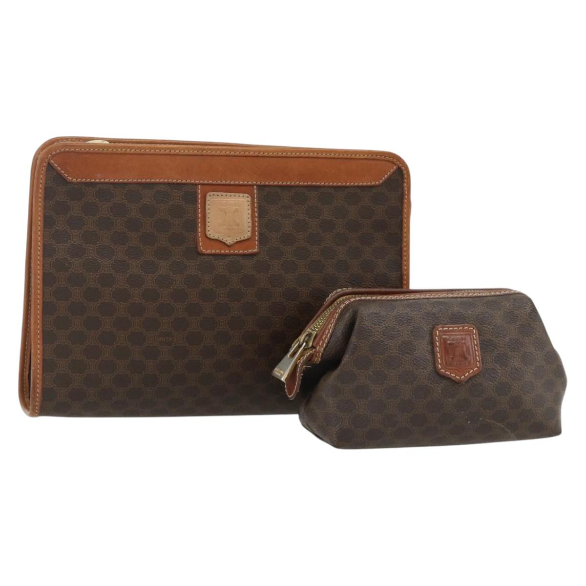 CELINE Macadam Canvas Pouch PVC Leather 2 Set Brown Auth ti3852
