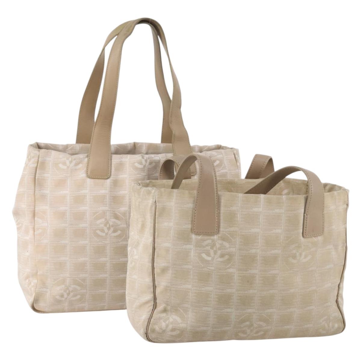 CHANEL New Travel Line Tote Bag Nylon 2 Set Beige CC Auth ti3895