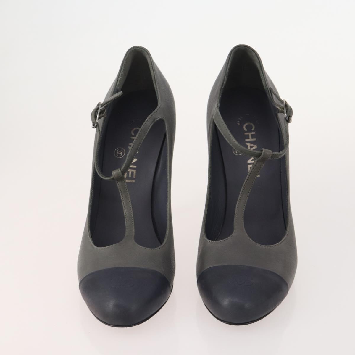 CHANEL Pumps Leather 2 Set Gray Brown CC Auth ti3898