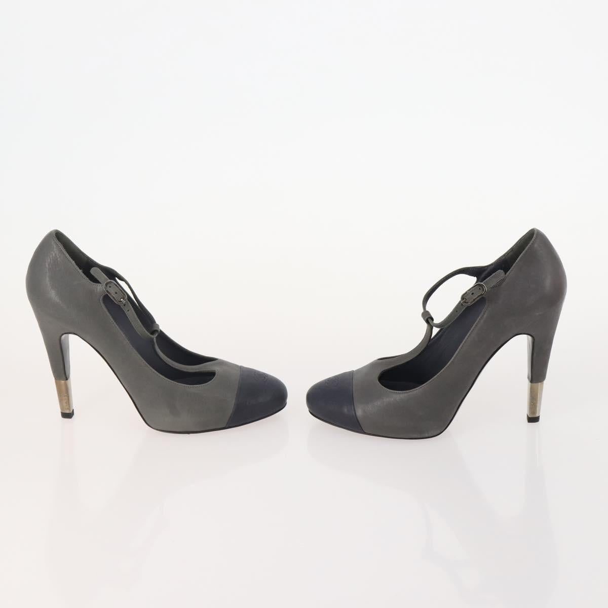 CHANEL Pumps Leather 2 Set Gray Brown CC Auth ti3898