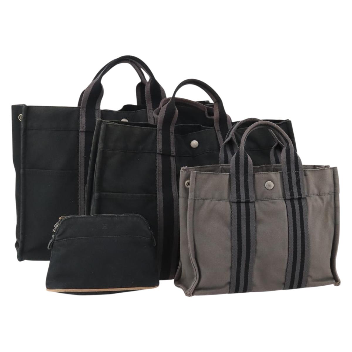 HERMES Tote Bag Canvas 4 Set Gray Black Auth ti3899