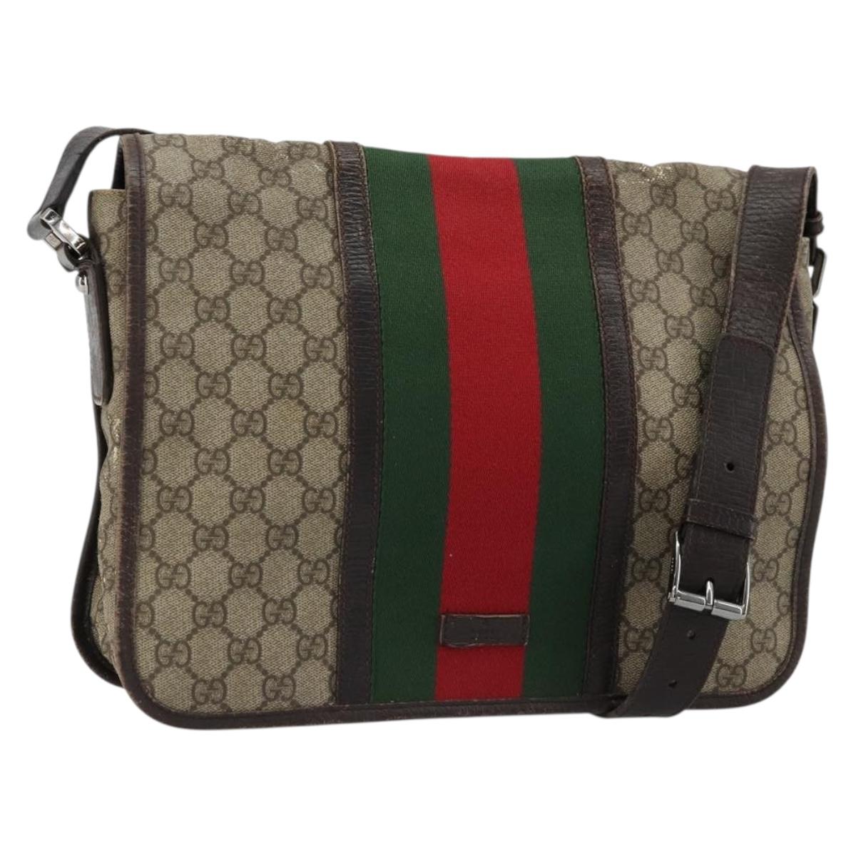 GUCCI GG Supreme Web Sherry Line Bag PVC Beige Silver 145844 Auth ti3927