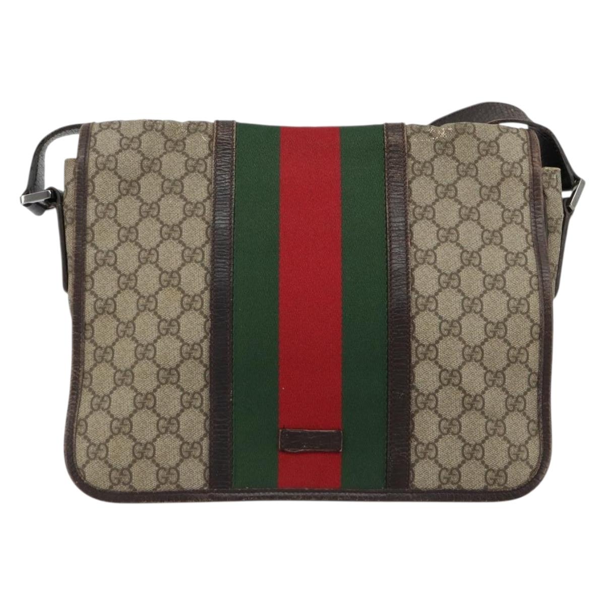 GUCCI GG Supreme Web Sherry Line Bag PVC Beige Silver 145844 Auth ti3927